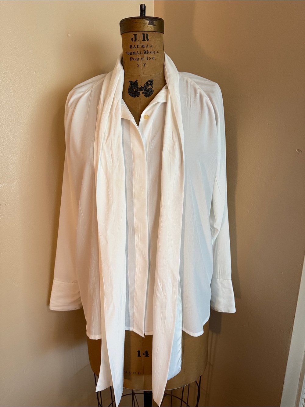 Vintage Rodier Paris White Scarf Tie Neck Blouse Made France